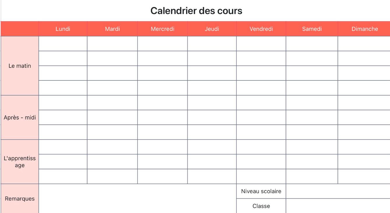 Calendrier des cours Tableau 1